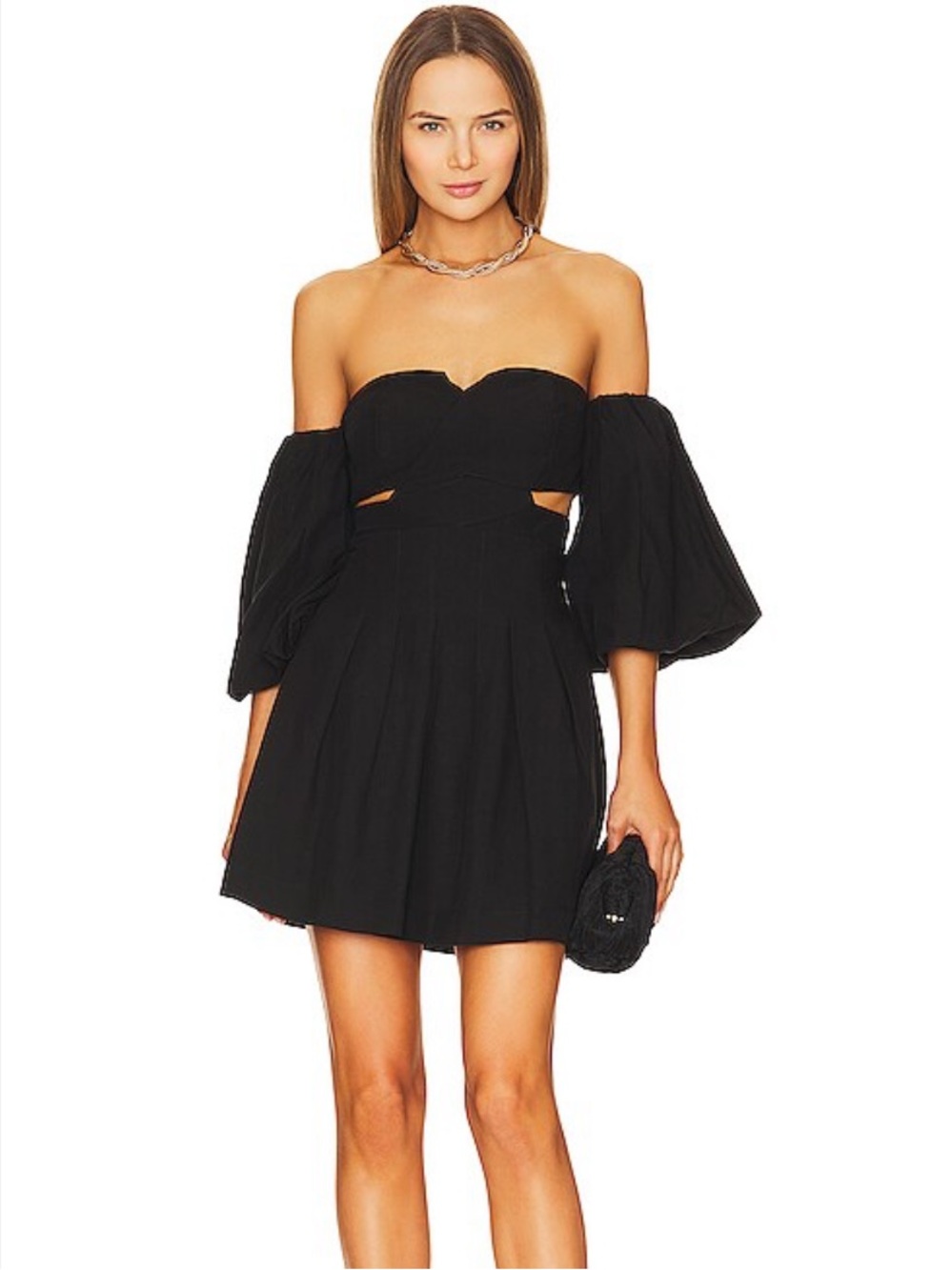 Strapless Puff-Sleeve Mini Dress in Black